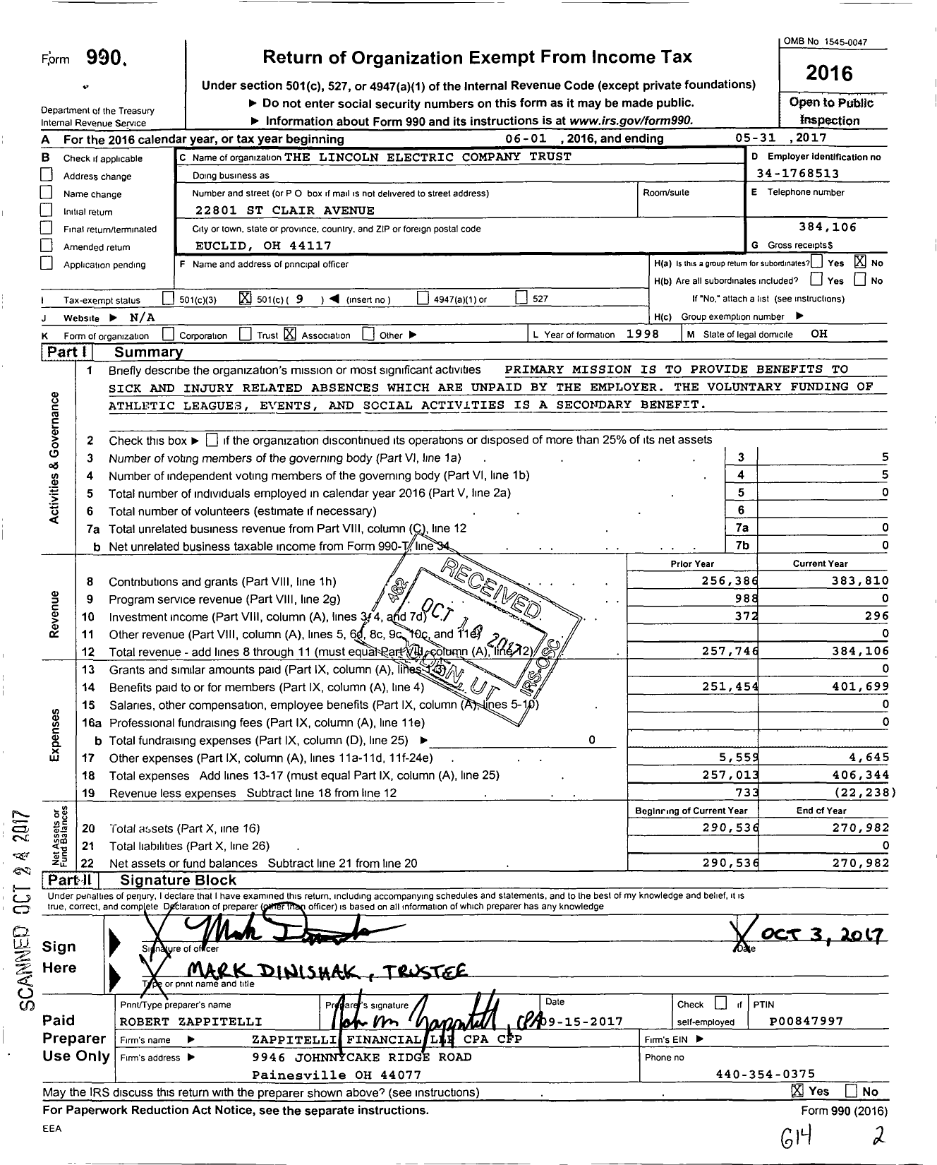 Image of first page of 2016 Form 990O for The Lincoln Electric Company Trust