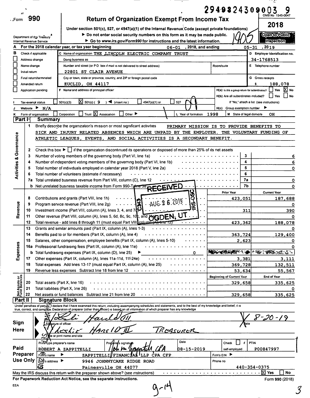 Image of first page of 2018 Form 990O for The Lincoln Electric Company Trust