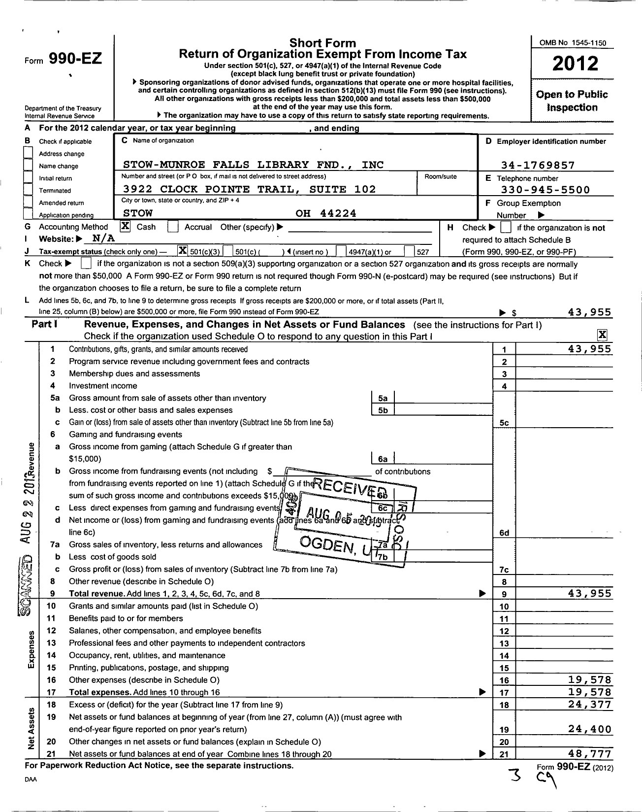 Image of first page of 2012 Form 990EZ for Stow-Munroe Falls Library Foundation