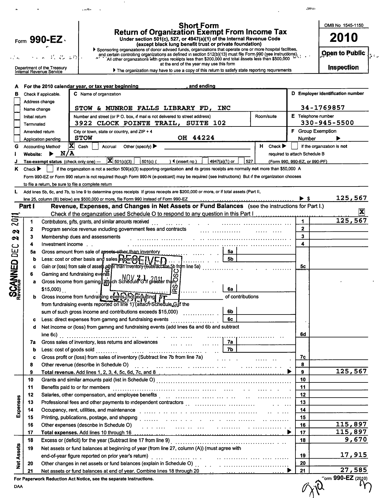 Image of first page of 2010 Form 990EZ for Stow-Munroe Falls Library Foundation