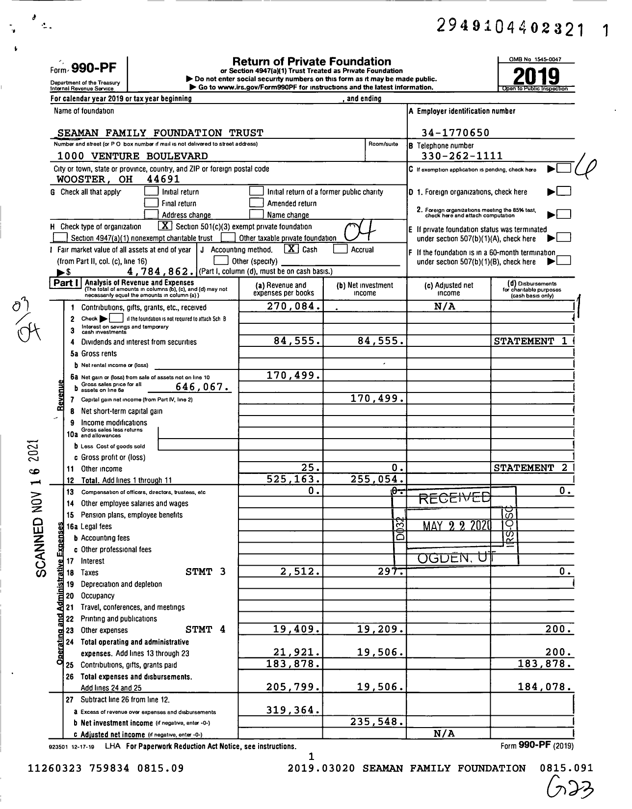 Image of first page of 2019 Form 990PF for Seaman Family Foundation Trust