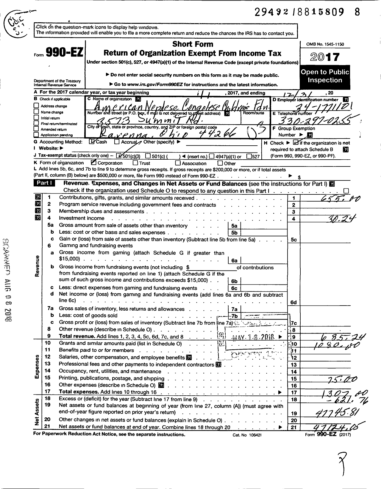 Image of first page of 2017 Form 990EZ for American Nepalese Congolese Childrens Foundation