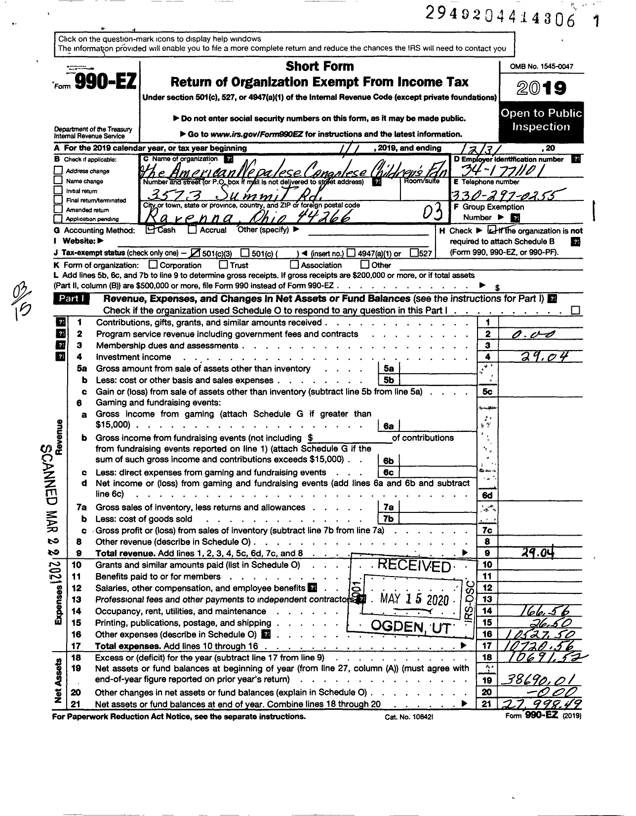 Image of first page of 2019 Form 990EZ for American Nepalese Congolese Childrens Foundation