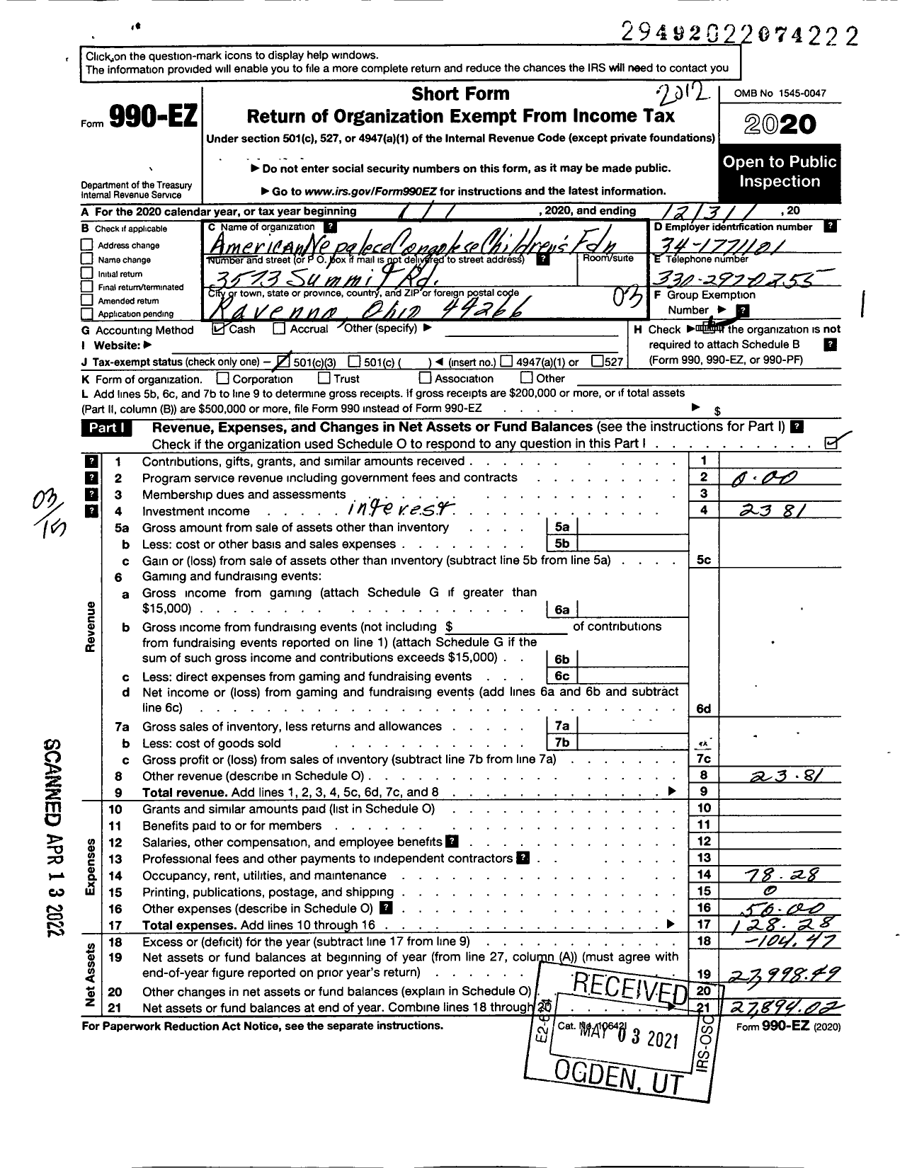 Image of first page of 2020 Form 990EZ for American Nepalese Congolese Childrens Foundation