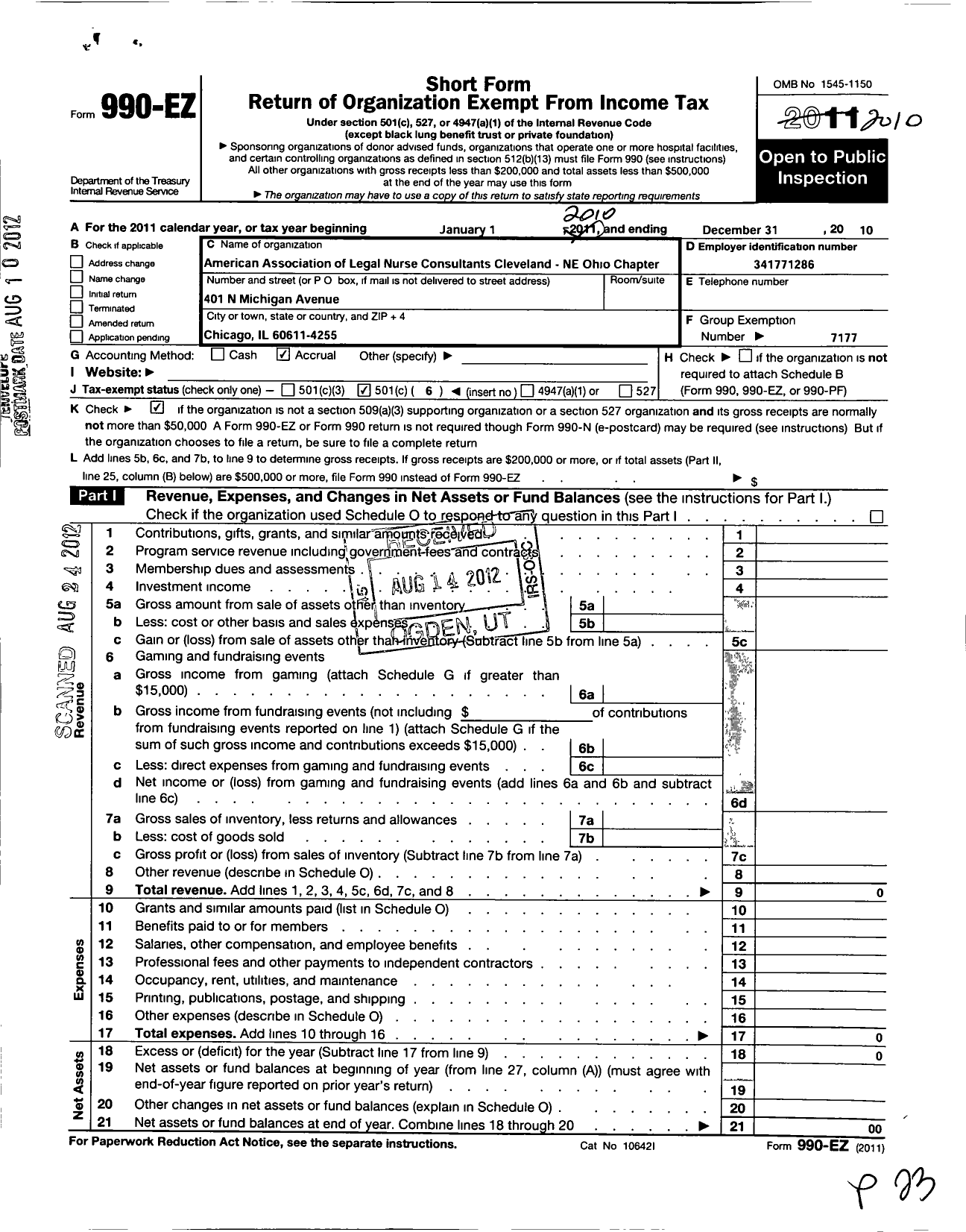 Image of first page of 2010 Form 990EO for American Association of Legal Nurse Consultants / Cleveland-North East Ohio Chapter