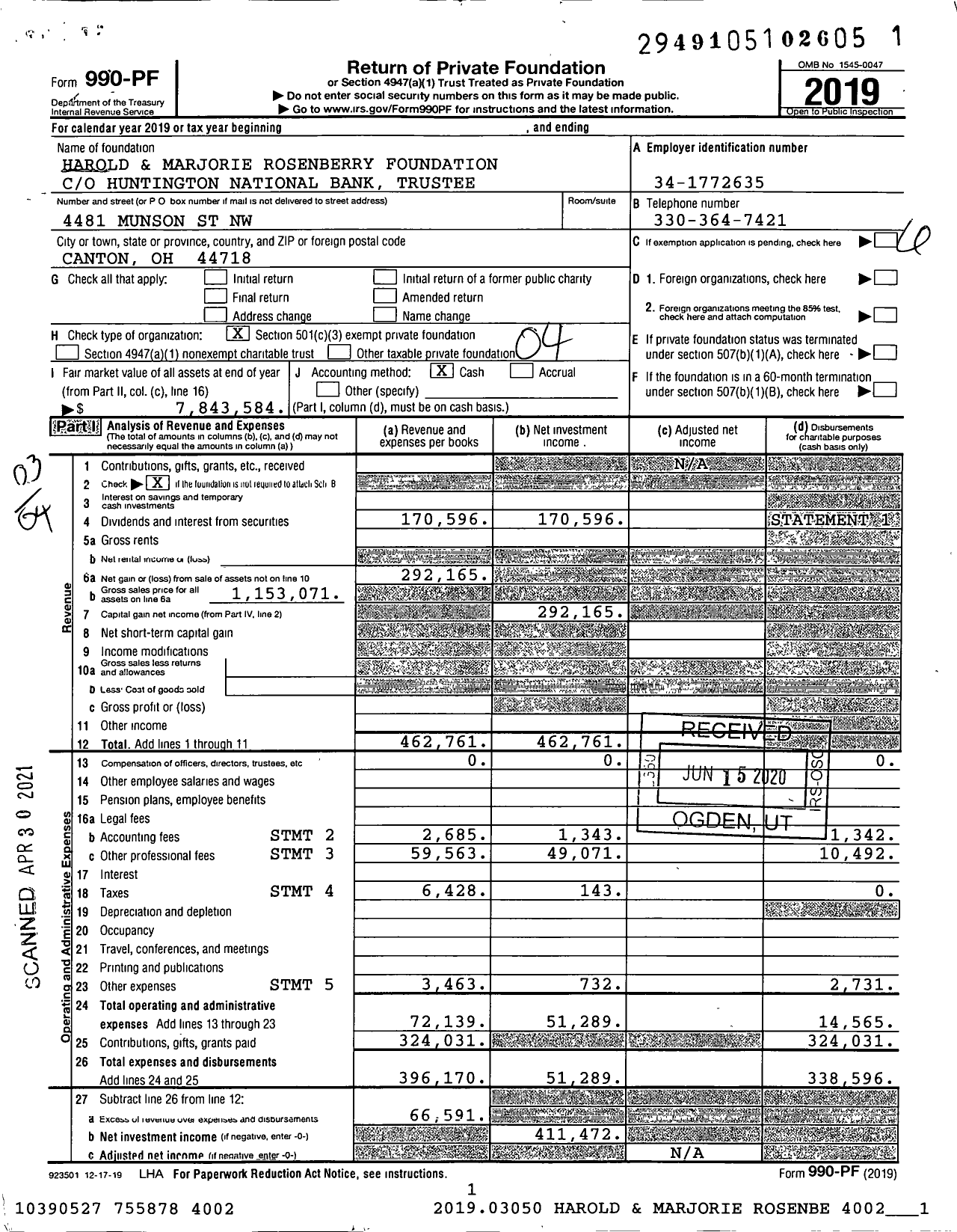 Image of first page of 2019 Form 990PF for Harold and Marjorie Rosenberry Foundation