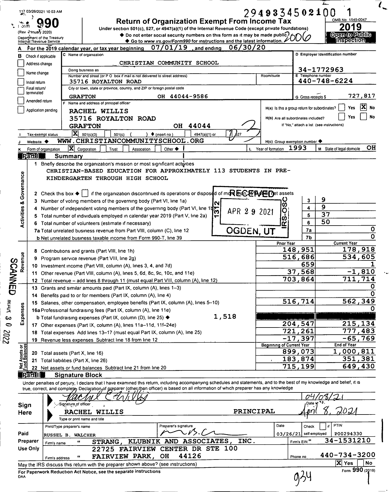 Image of first page of 2019 Form 990 for Christian Community School