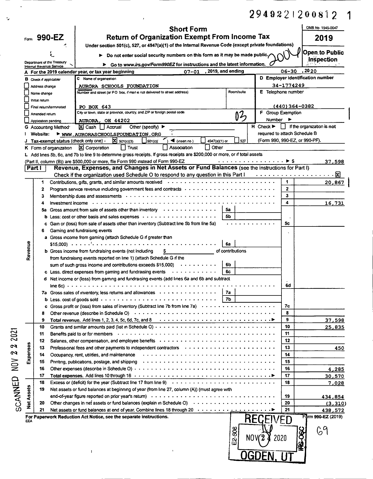 Image of first page of 2019 Form 990EZ for Aurora Schools Foundation