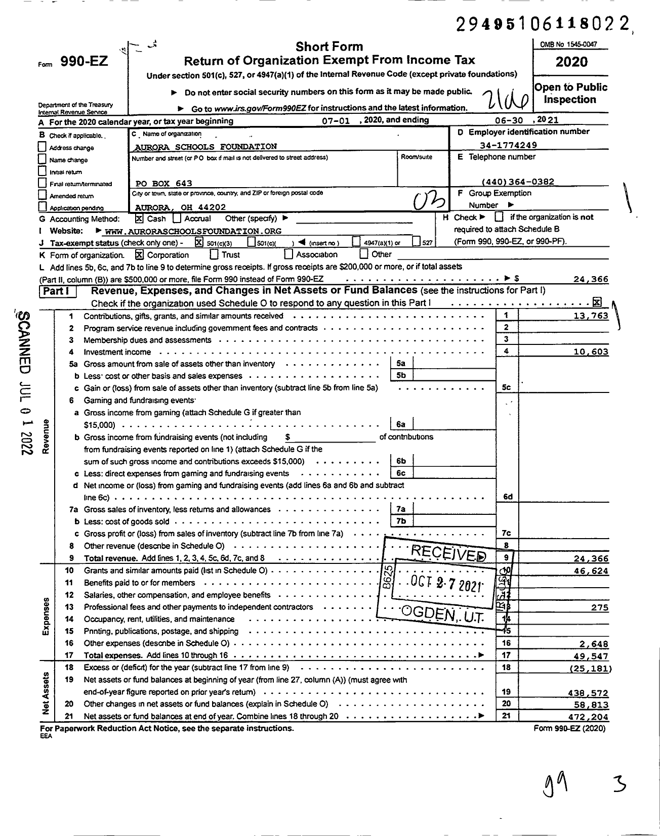 Image of first page of 2020 Form 990EZ for Aurora Schools Foundation