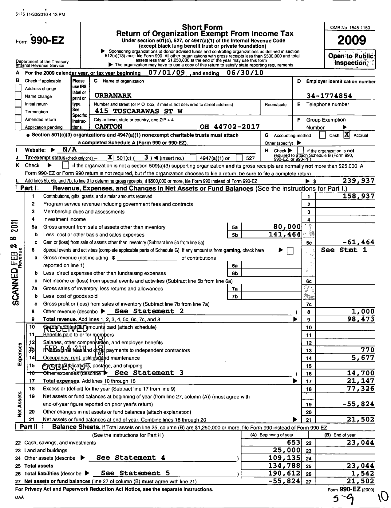 Image of first page of 2009 Form 990EZ for Urbanark