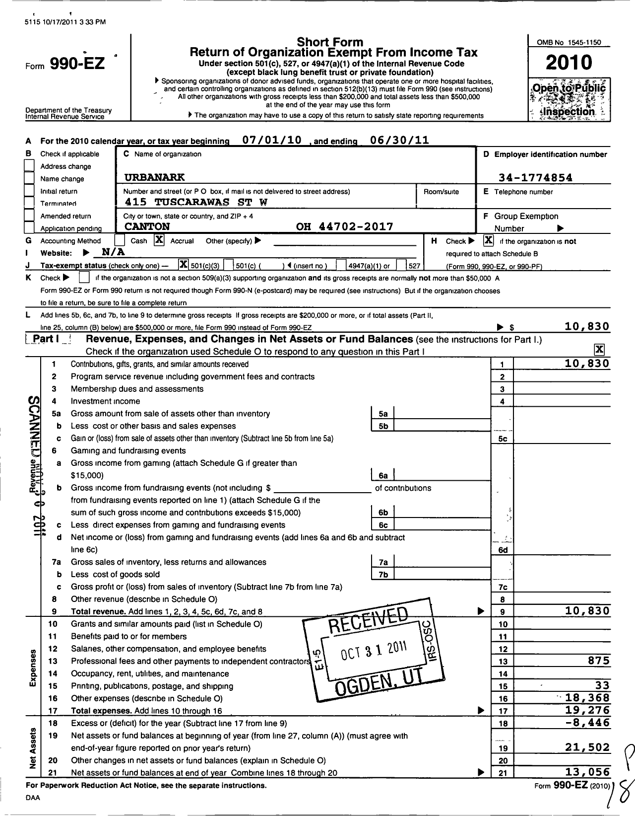 Image of first page of 2010 Form 990EZ for Urbanark