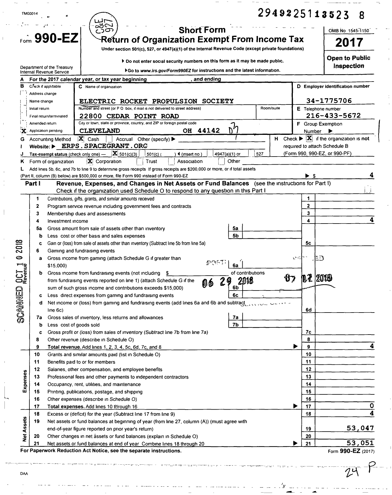 Image of first page of 2017 Form 990EZ for Electric Rocket Propulsion Society