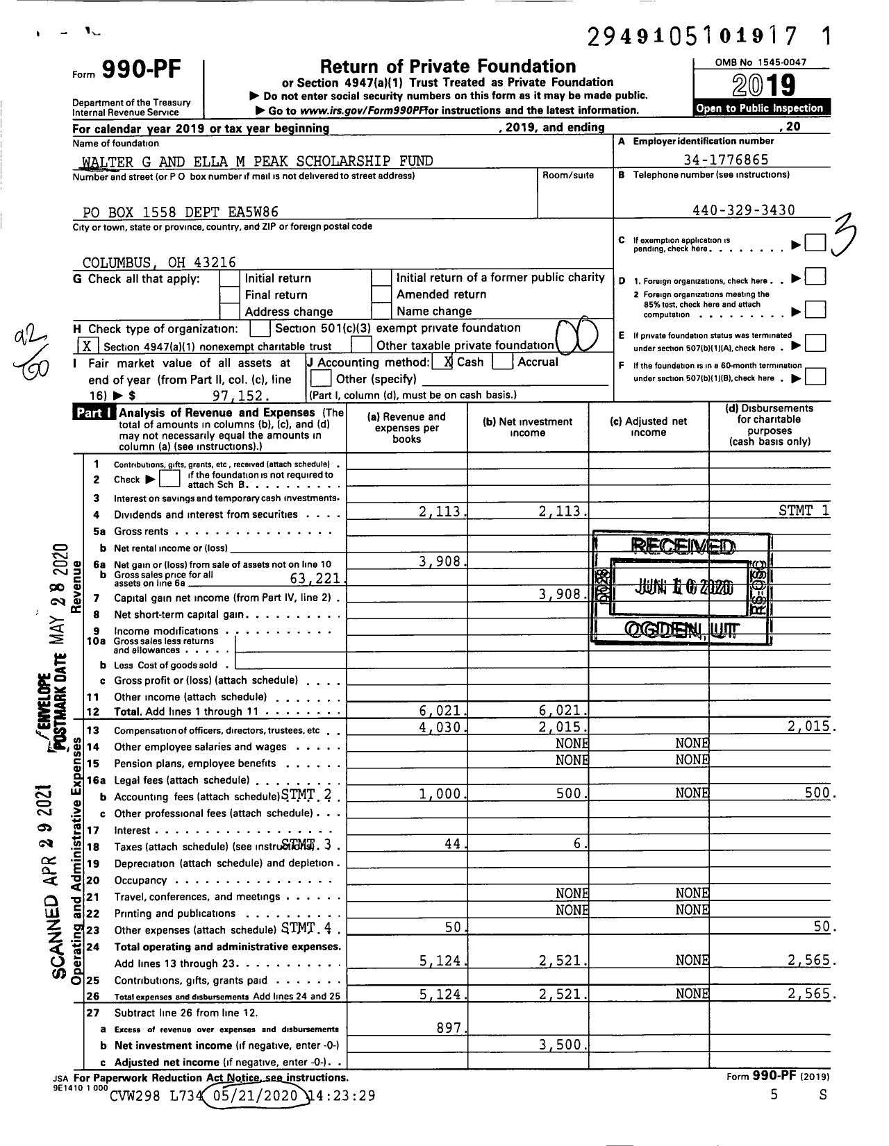 Image of first page of 2019 Form 990PF for Walter G and Ella M Peak Scholarship Fund