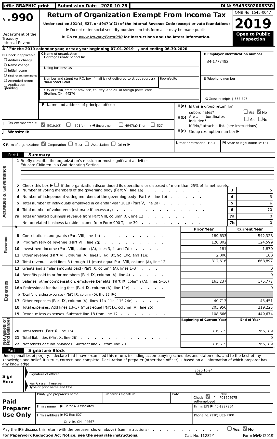 Image of first page of 2019 Form 990 for Heritage Private School