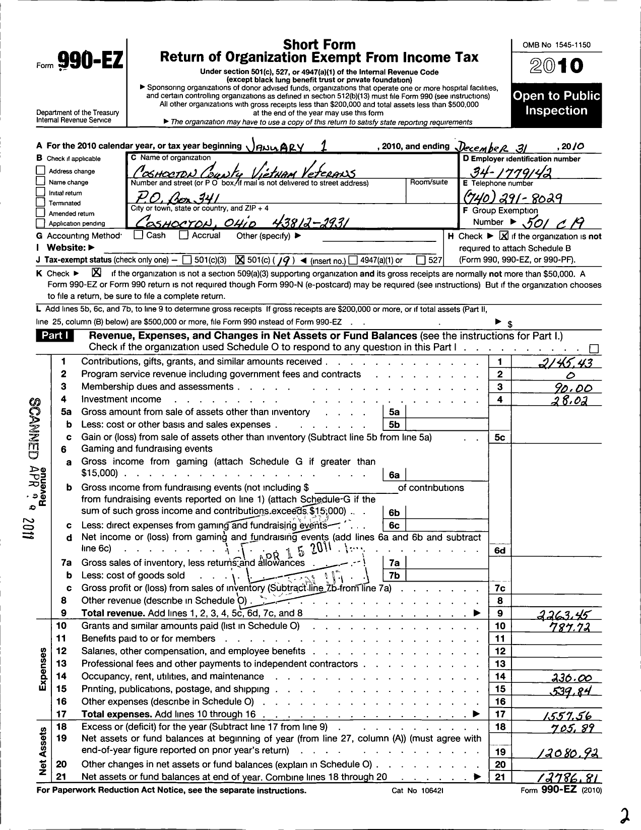 Image of first page of 2010 Form 990EO for Coshocton County Vietnam Veterans Chapter 159