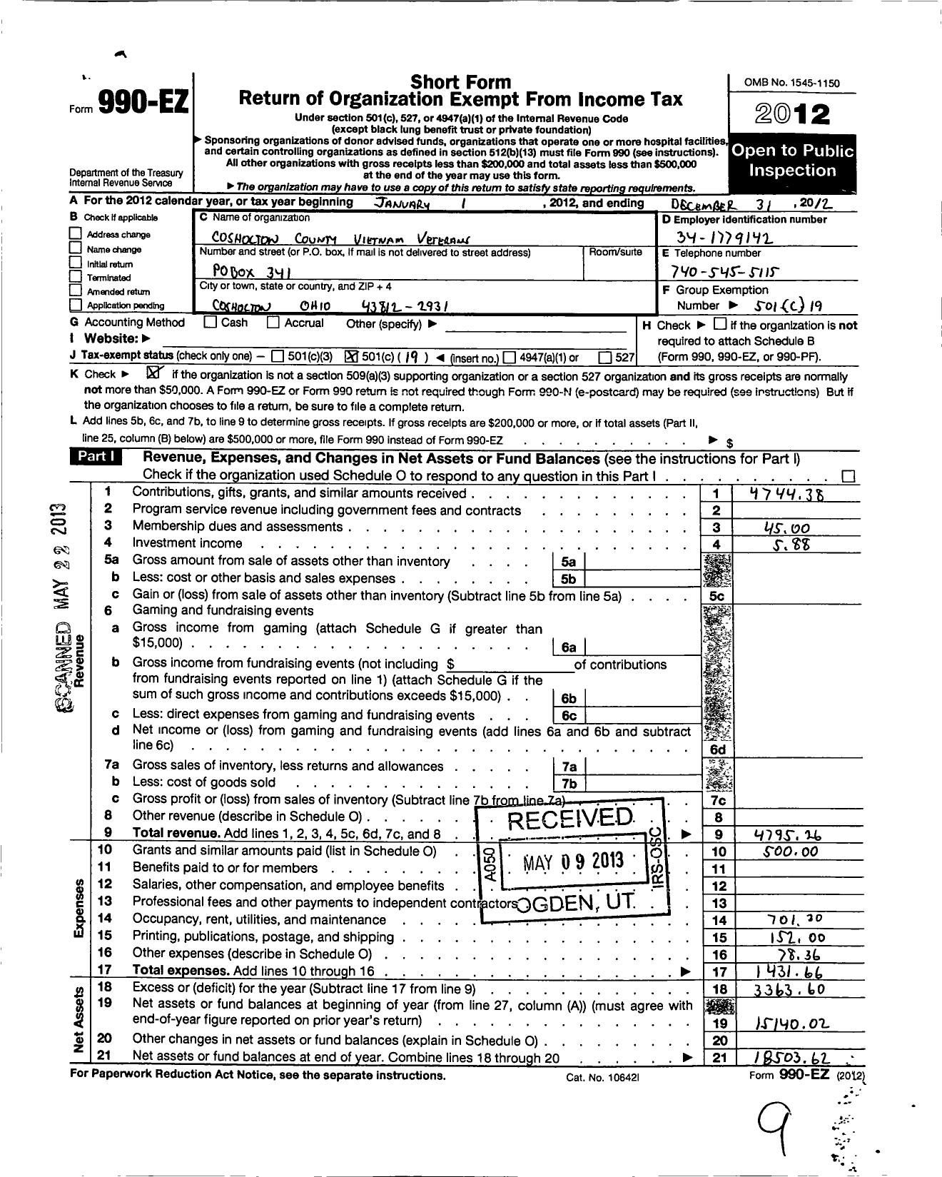 Image of first page of 2012 Form 990EO for Coshocton County Vietnam Veterans Chapter 159