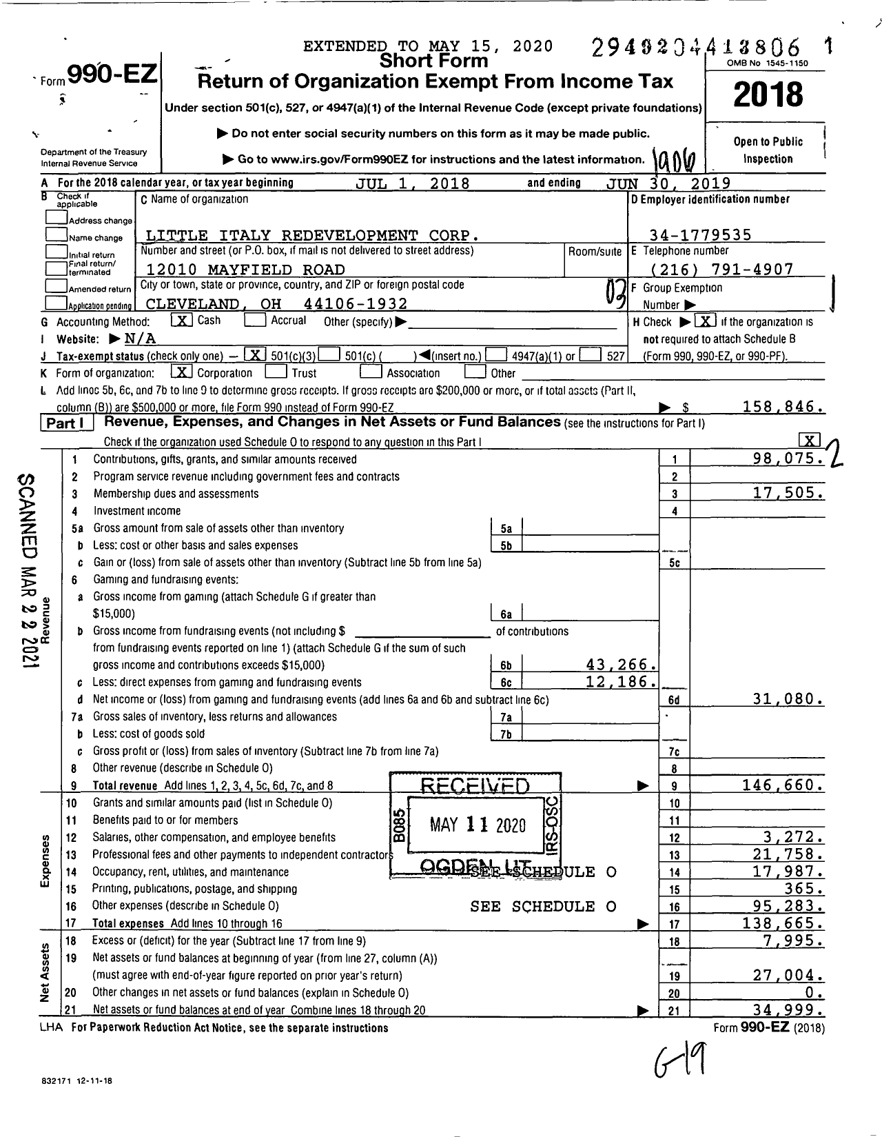 Image of first page of 2018 Form 990EZ for Little Italy Redevelopment Corporation