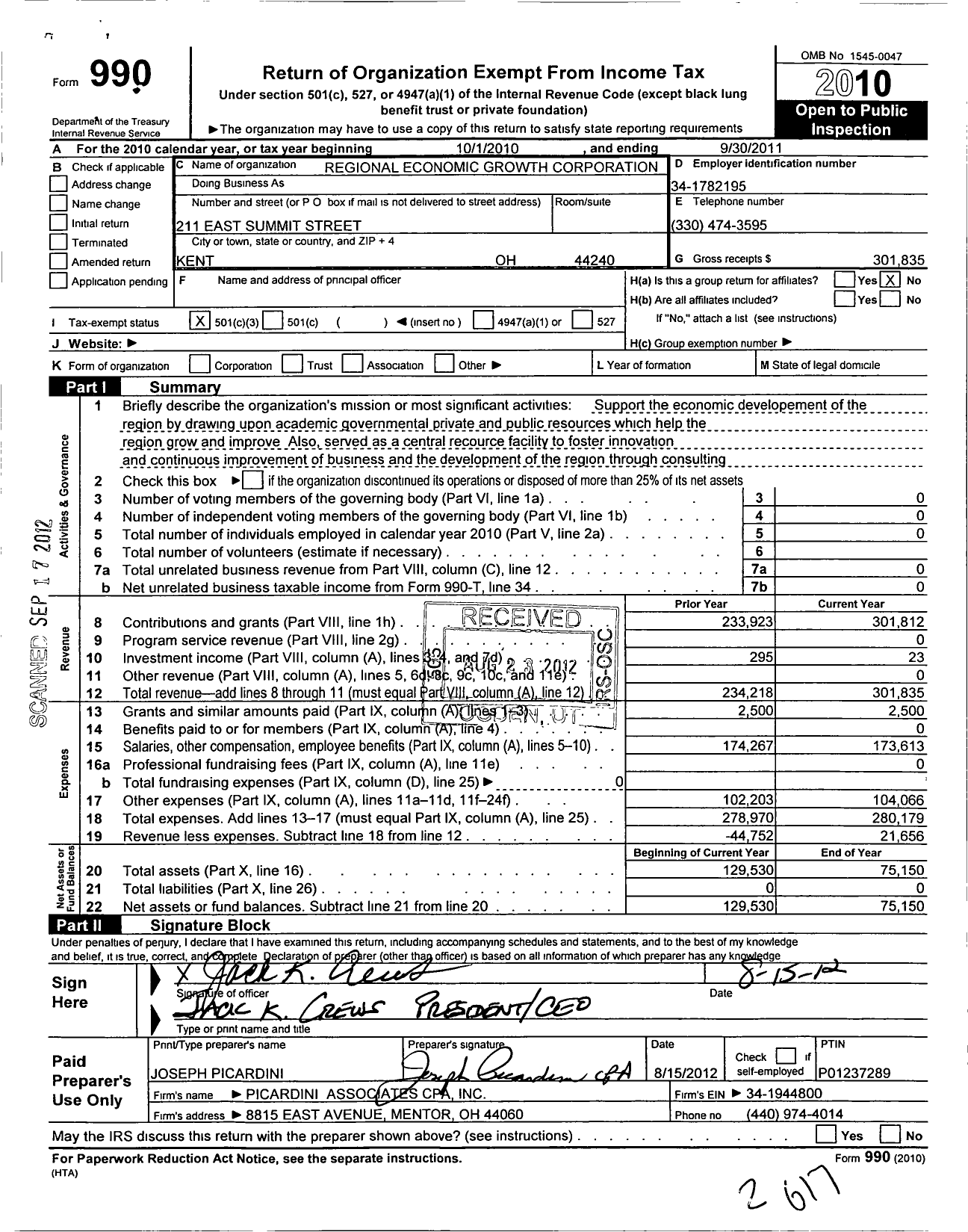 Image of first page of 2010 Form 990 for Kent Regional Business Alliance