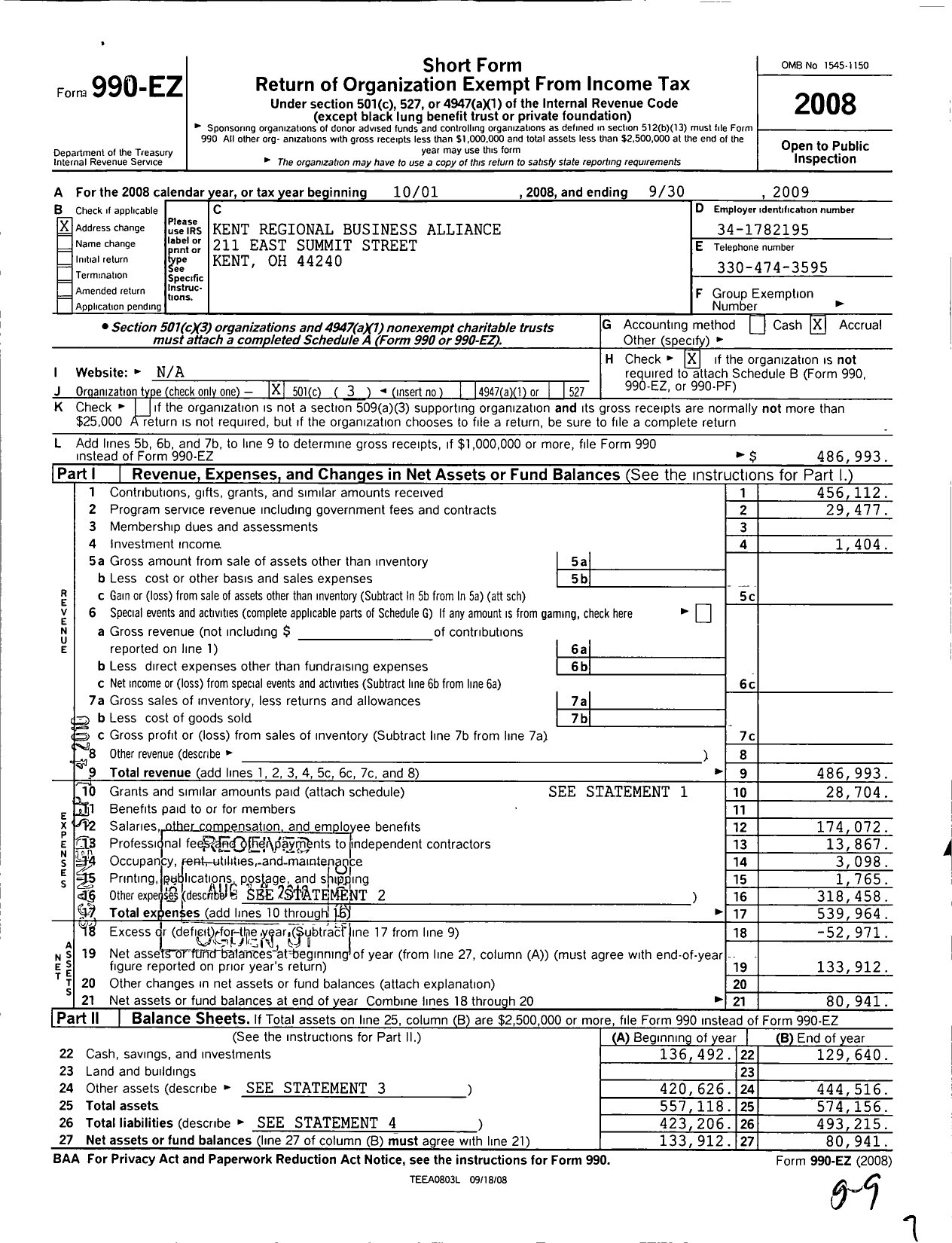 Image of first page of 2008 Form 990EZ for Kent Regional Business Alliance