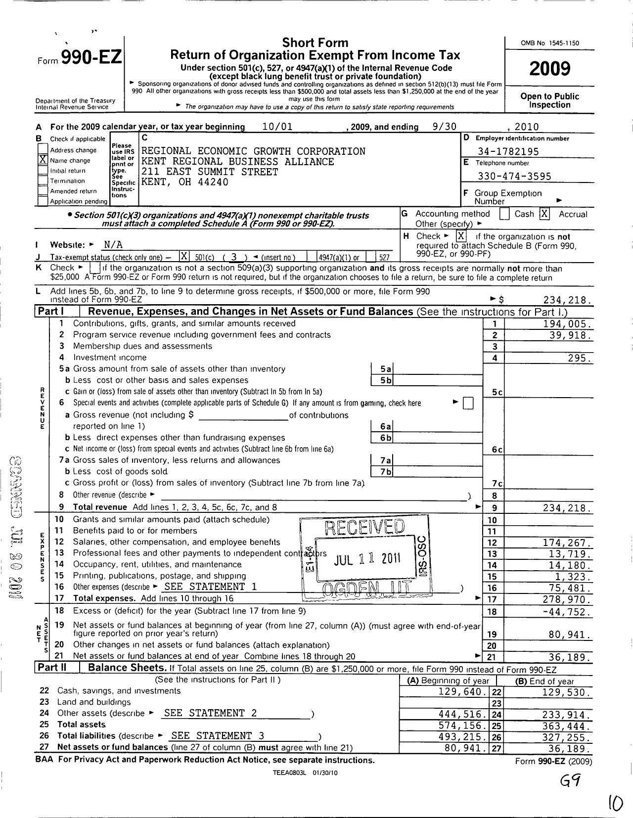 Image of first page of 2009 Form 990EZ for Kent Regional Business Alliance