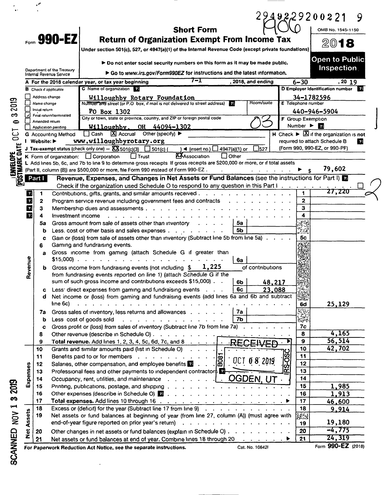 Image of first page of 2018 Form 990EZ for Willoughby Rotary Foundation