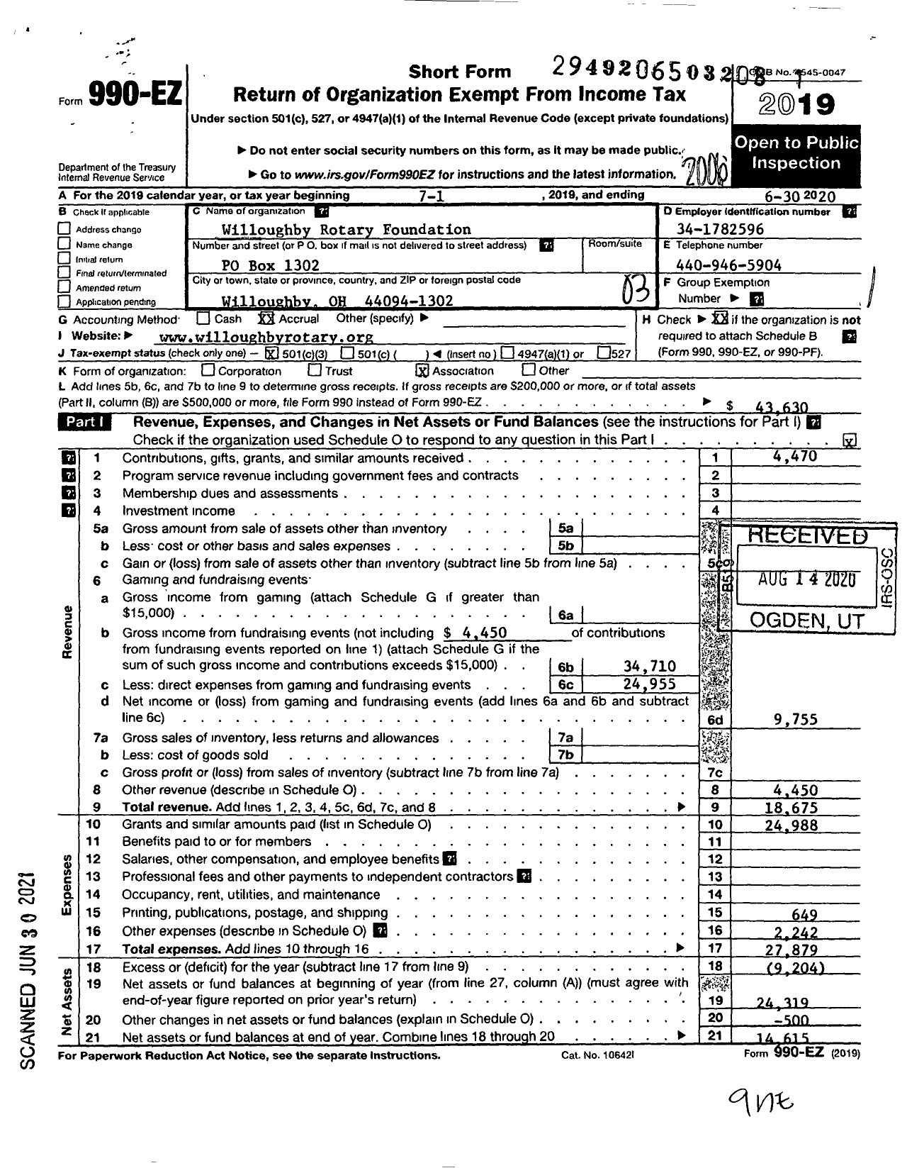 Image of first page of 2019 Form 990EZ for Willoughby Rotary Foundation