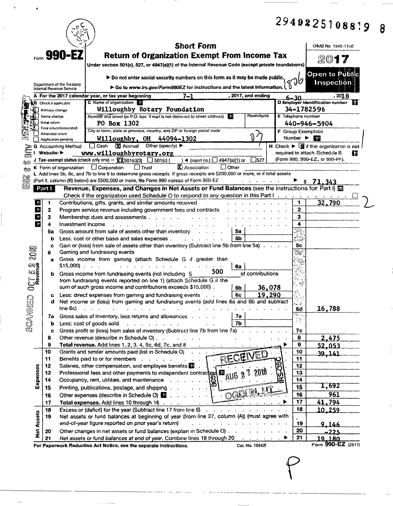 Image of first page of 2017 Form 990EZ for Willoughby Rotary Foundation