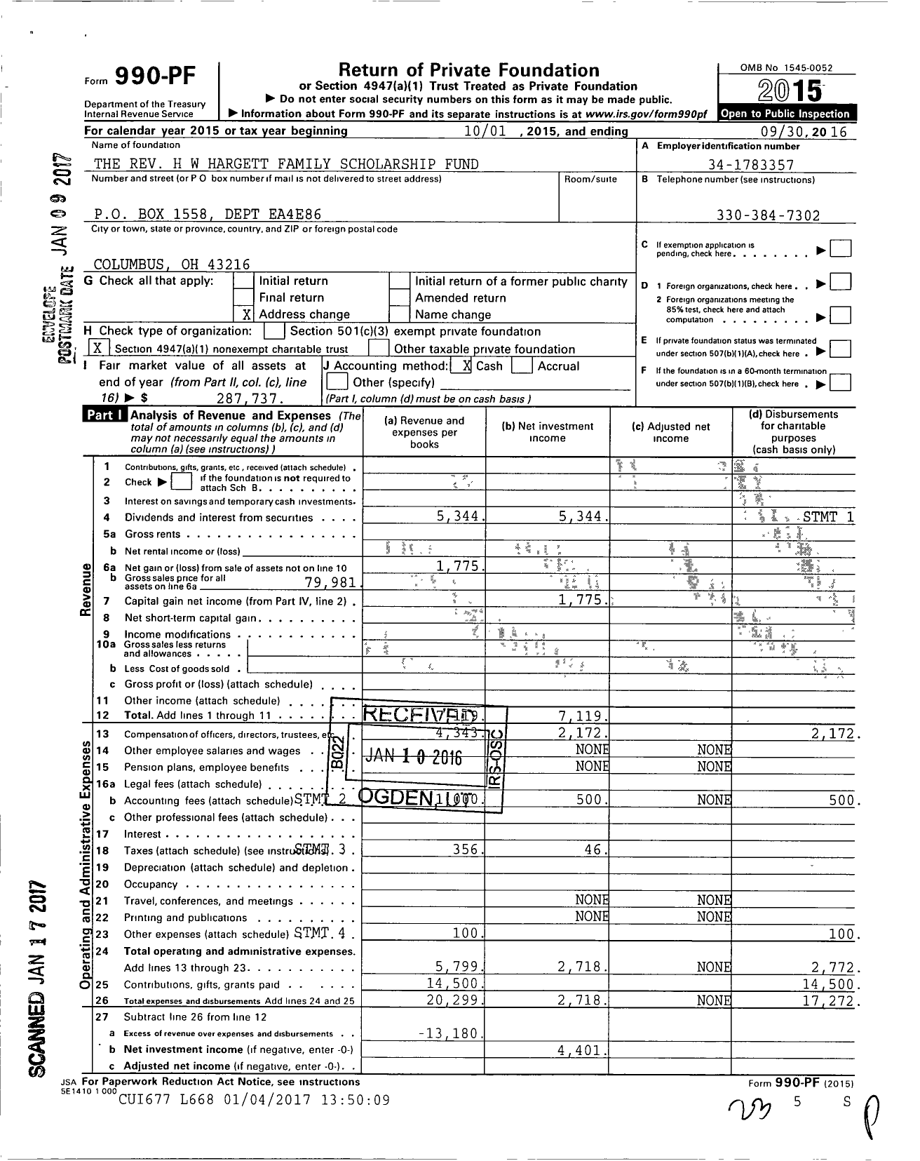 Image of first page of 2015 Form 990PF for The Rev H W Hargett Family Scholarship Fund