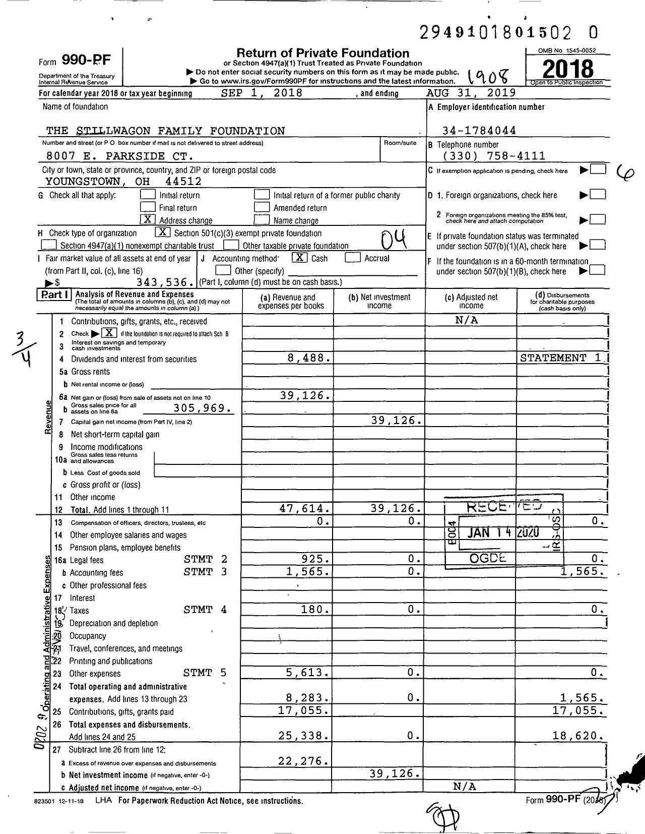 Image of first page of 2018 Form 990PR for The Stillwagon Family Foundation