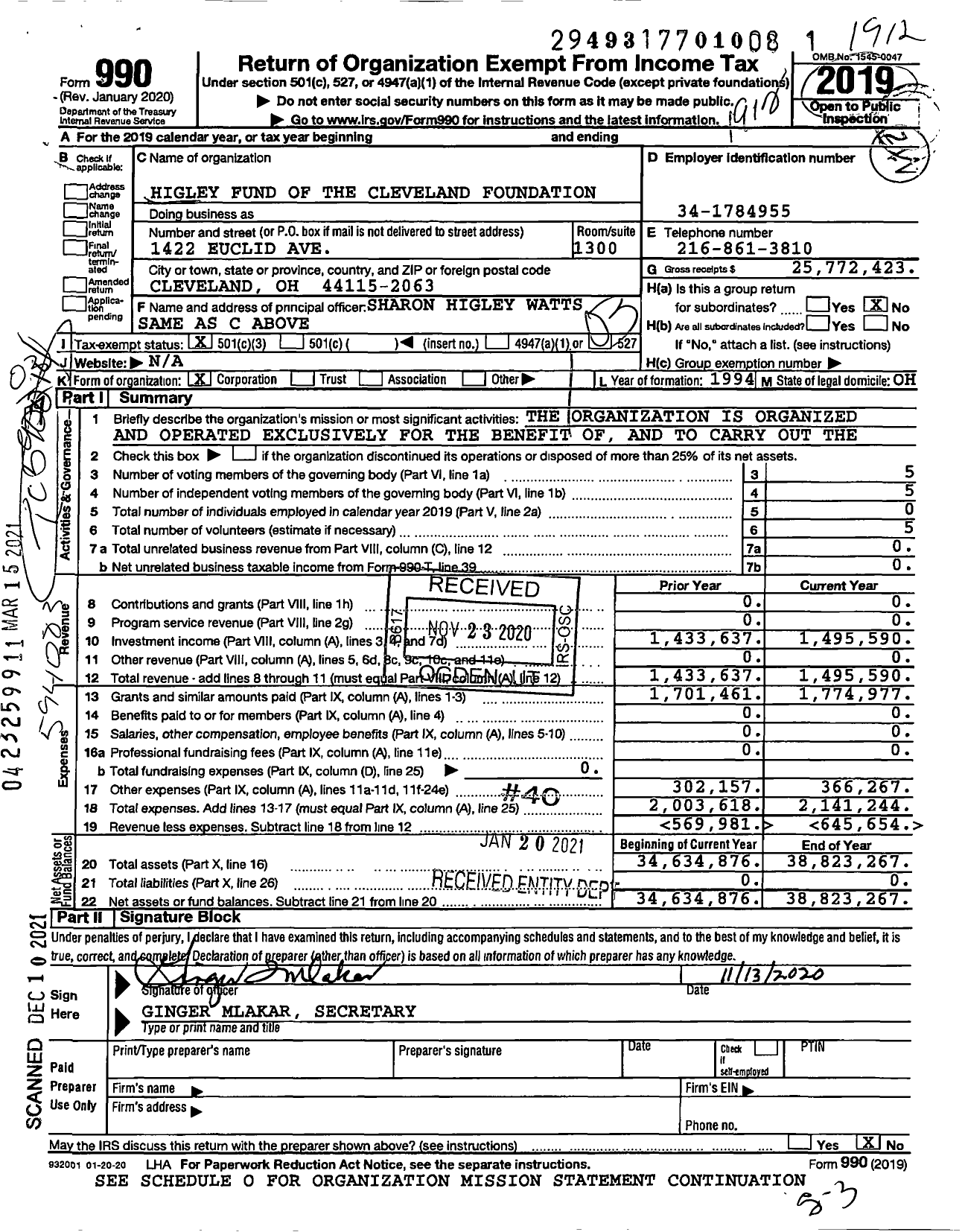 Image of first page of 2019 Form 990 for Higley Fund of the Cleveland Foundation