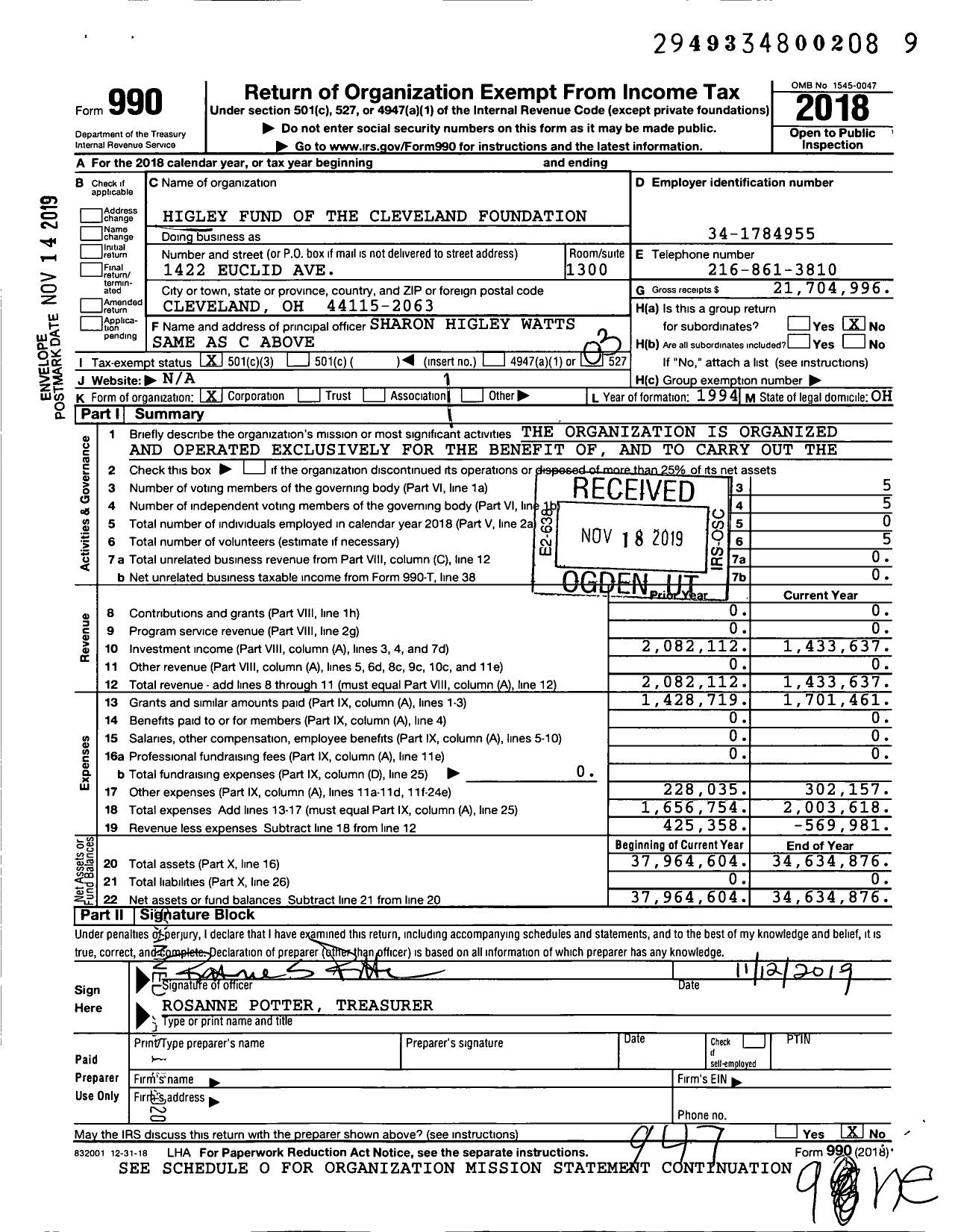 Image of first page of 2018 Form 990 for Higley Fund of the Cleveland Foundation