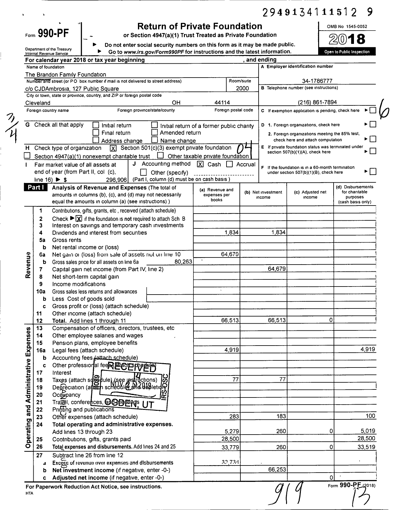 Image of first page of 2018 Form 990PF for The Brandon Family Foundation