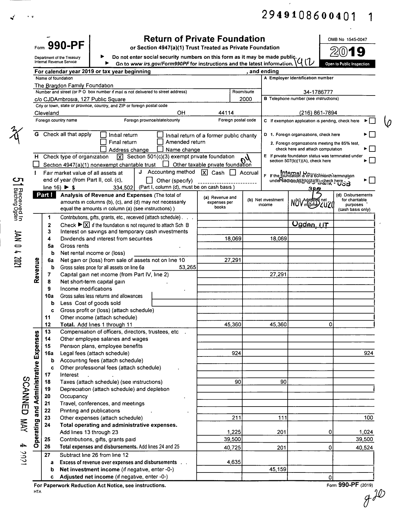 Image of first page of 2019 Form 990PF for The Brandon Family Foundation