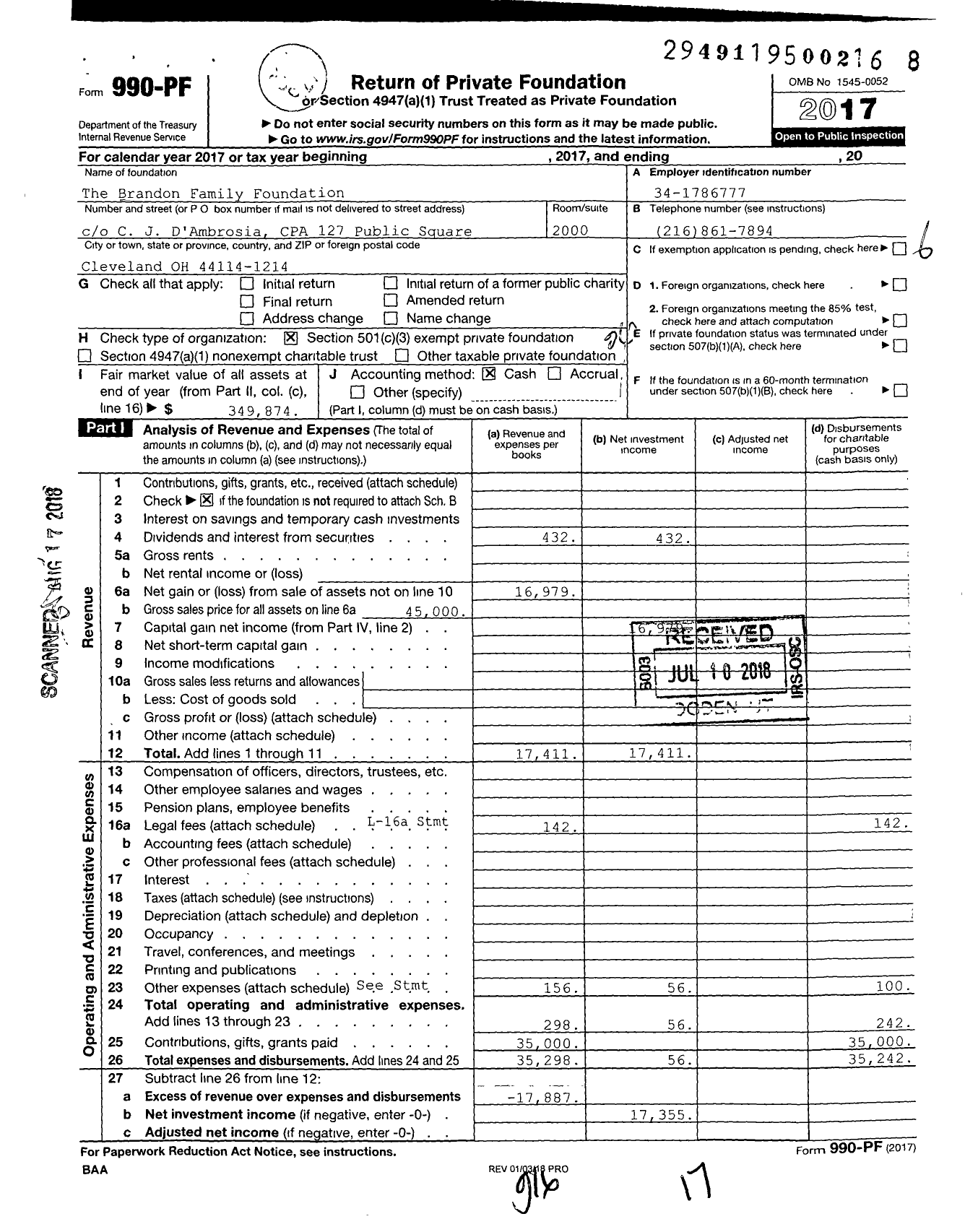 Image of first page of 2017 Form 990PF for The Brandon Family Foundation