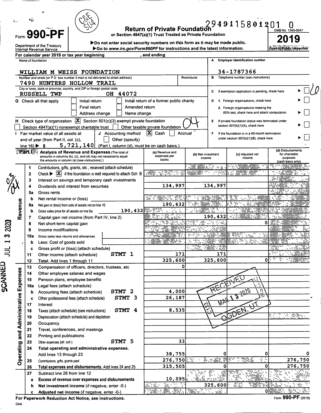 Image of first page of 2019 Form 990PR for William M Weiss Foundation