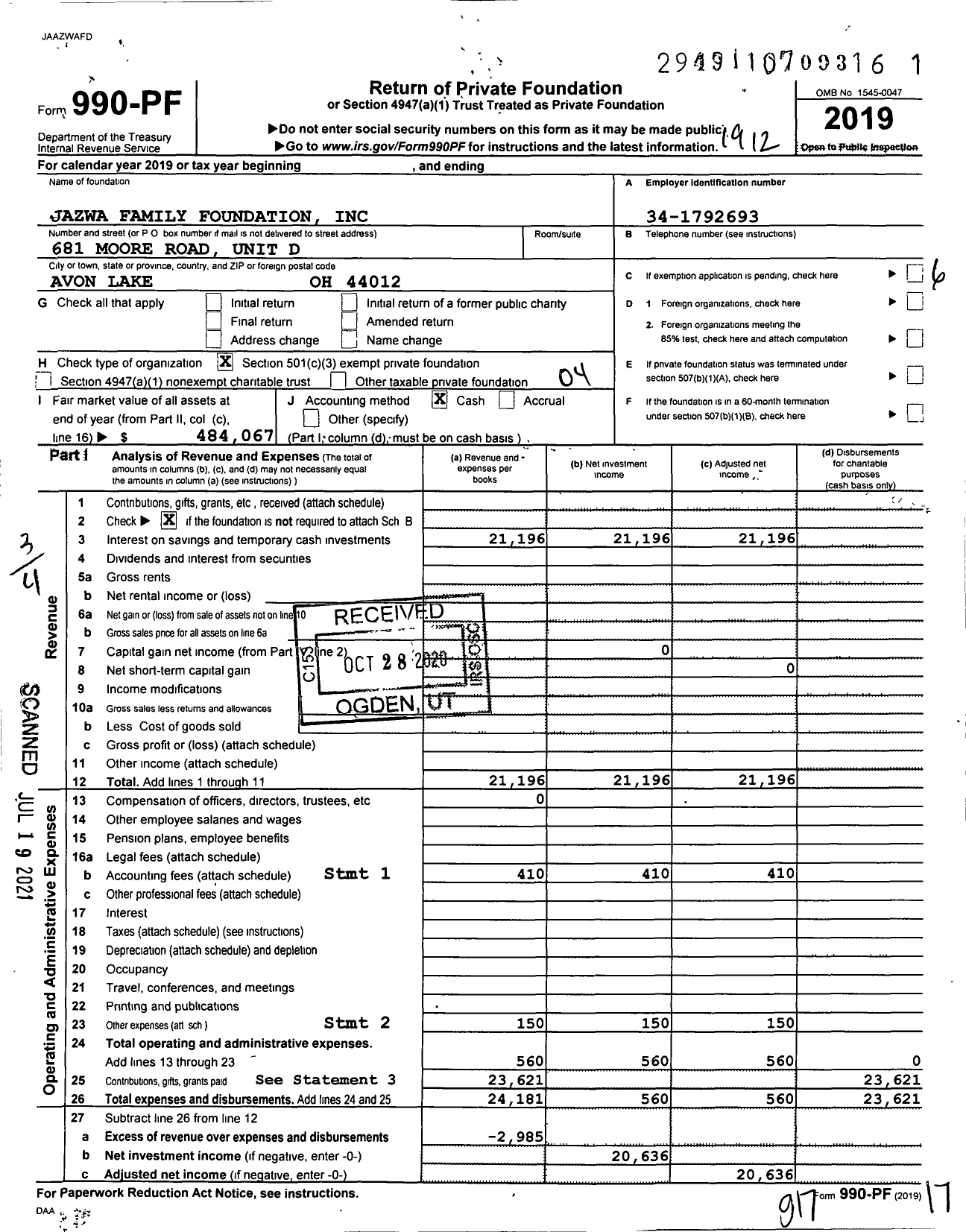 Image of first page of 2019 Form 990PF for Jazwa Family Foundation