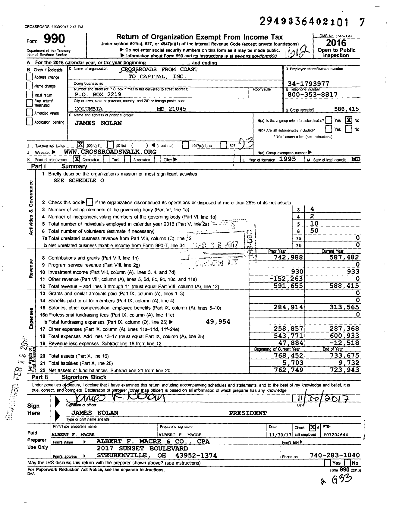 Image of first page of 2016 Form 990 for Crossroads From Coast To Capital