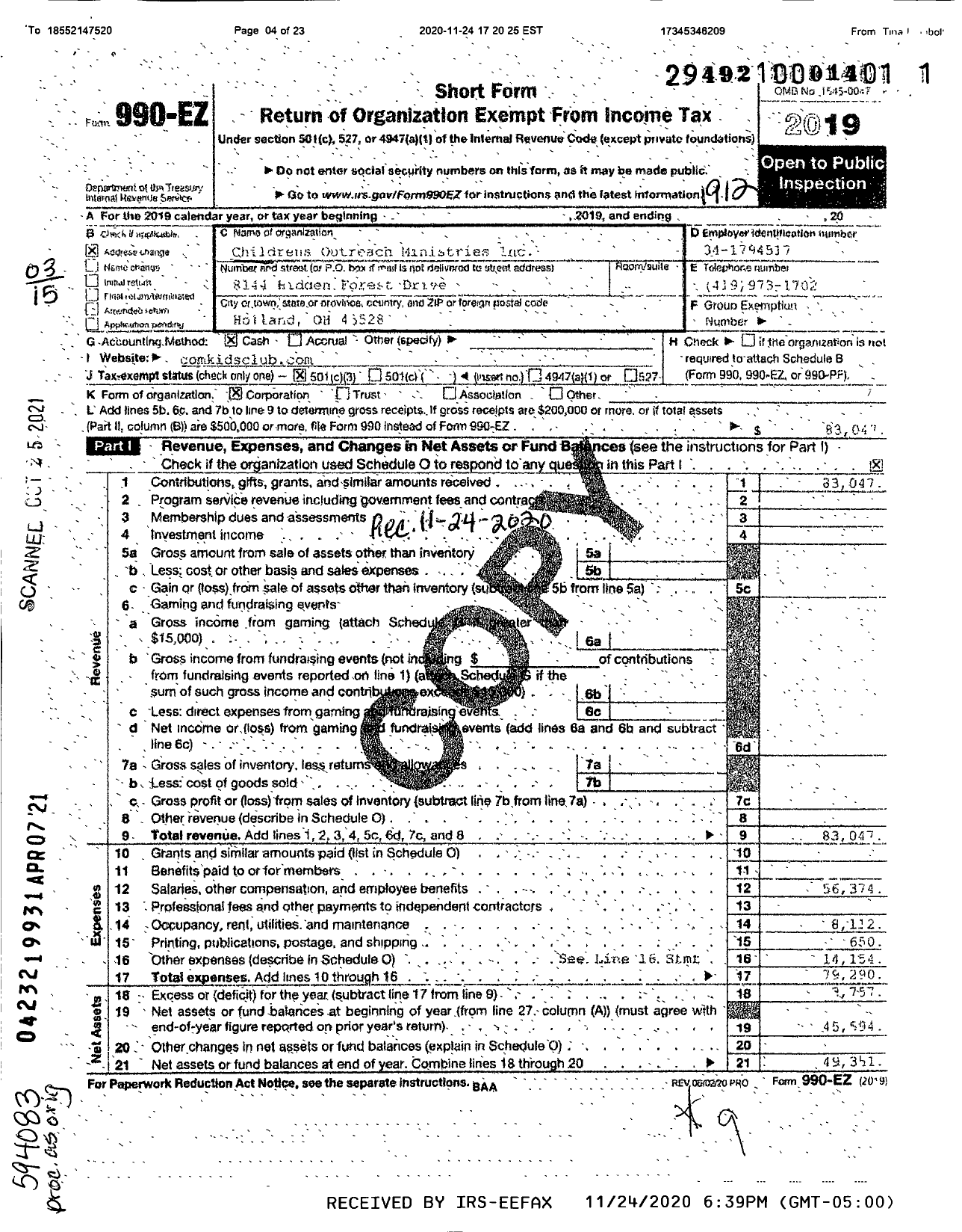 Image of first page of 2019 Form 990EZ for Childrens Outreach Ministries