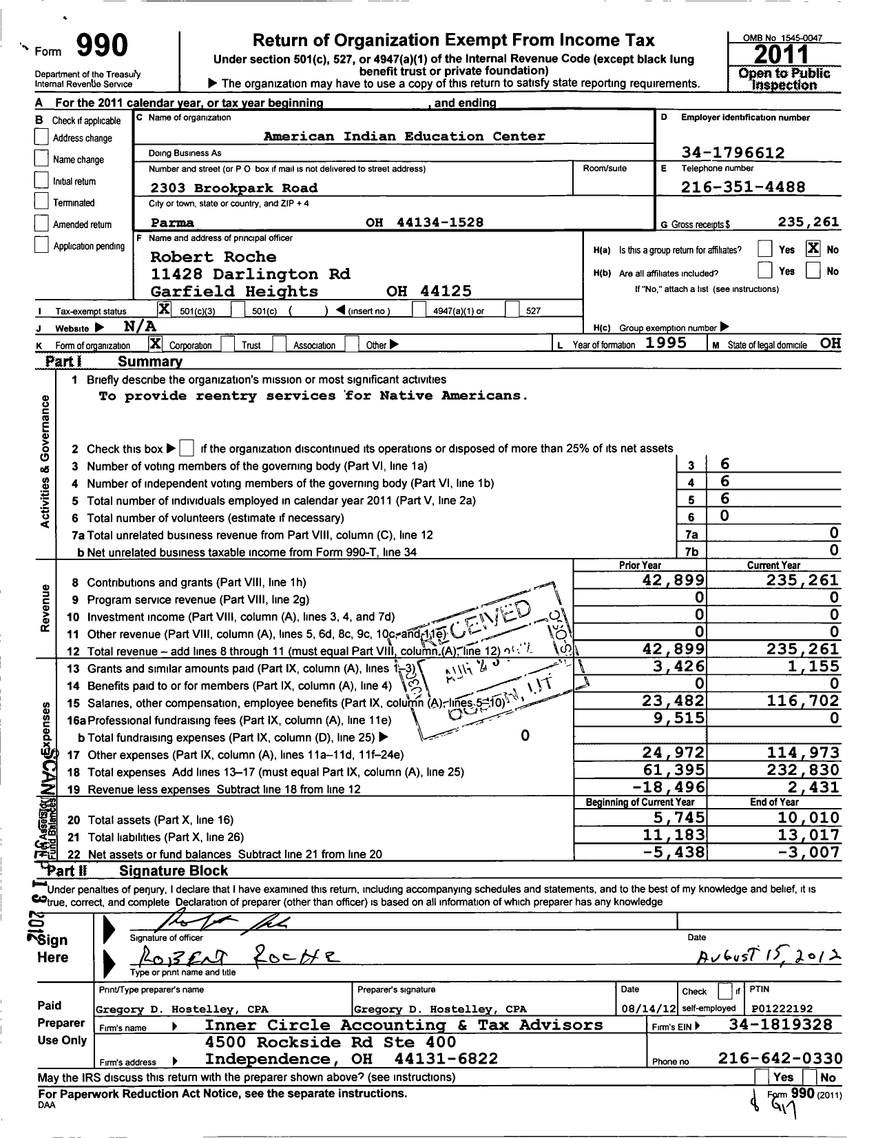 Image of first page of 2011 Form 990 for American Indian Education Center