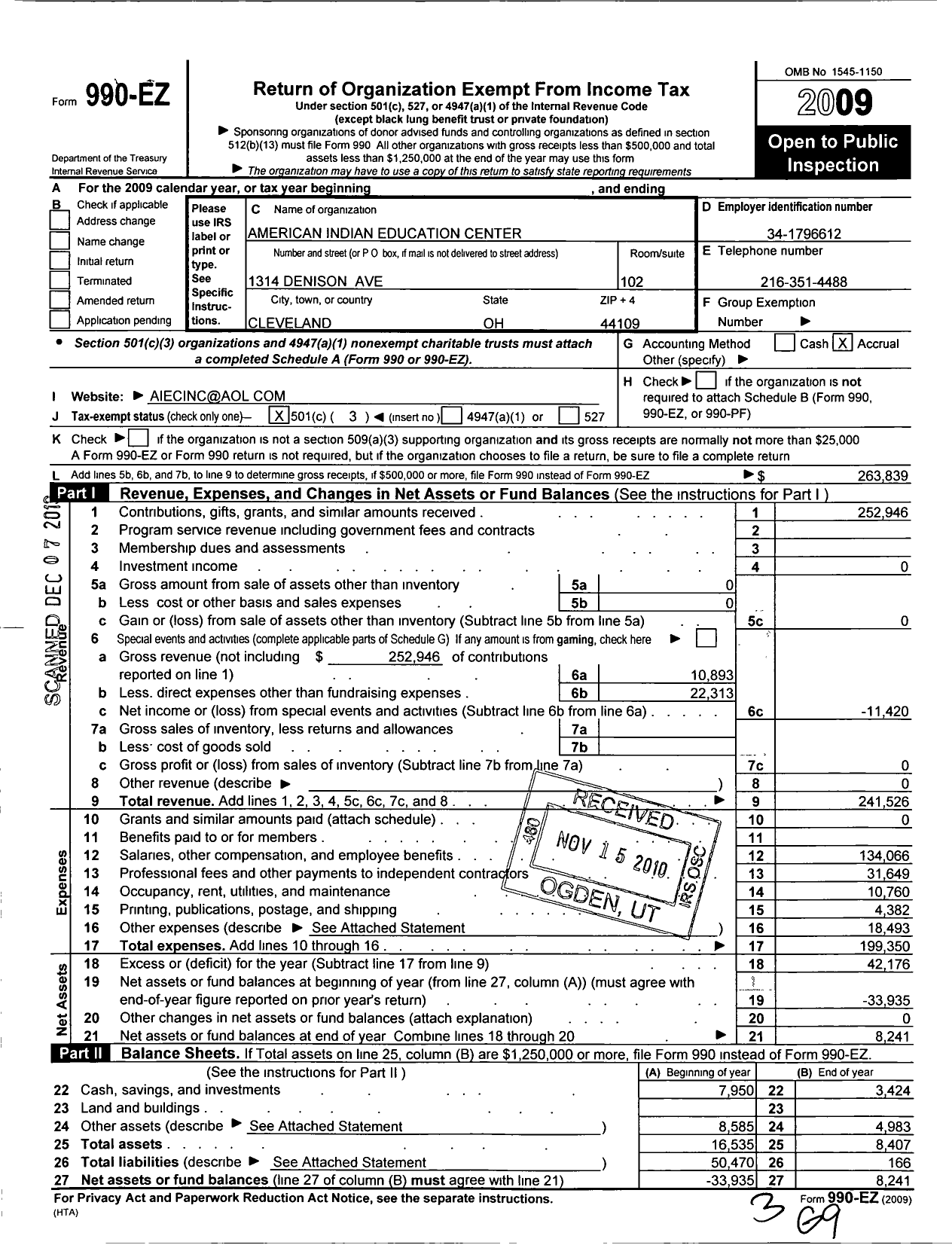 Image of first page of 2009 Form 990EZ for American Indian Education Center