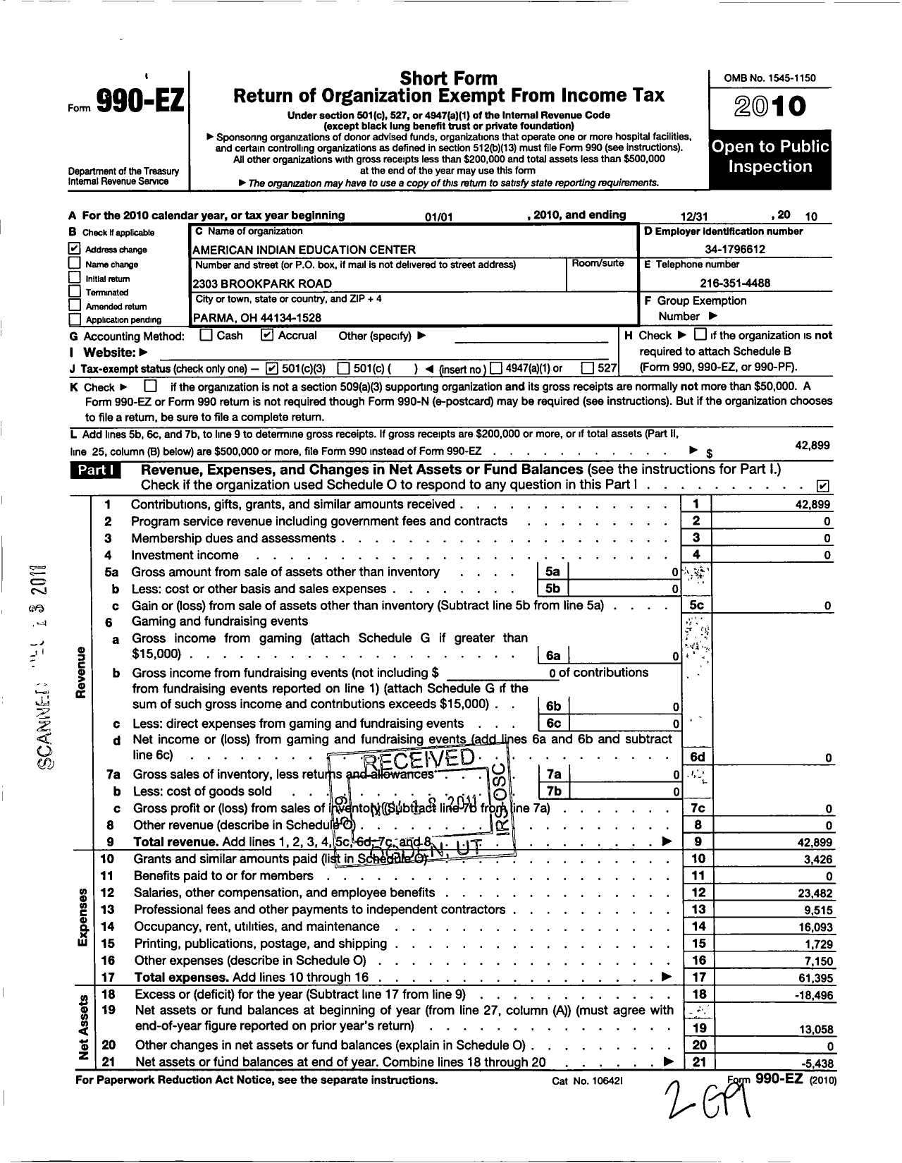 Image of first page of 2010 Form 990EZ for American Indian Education Center