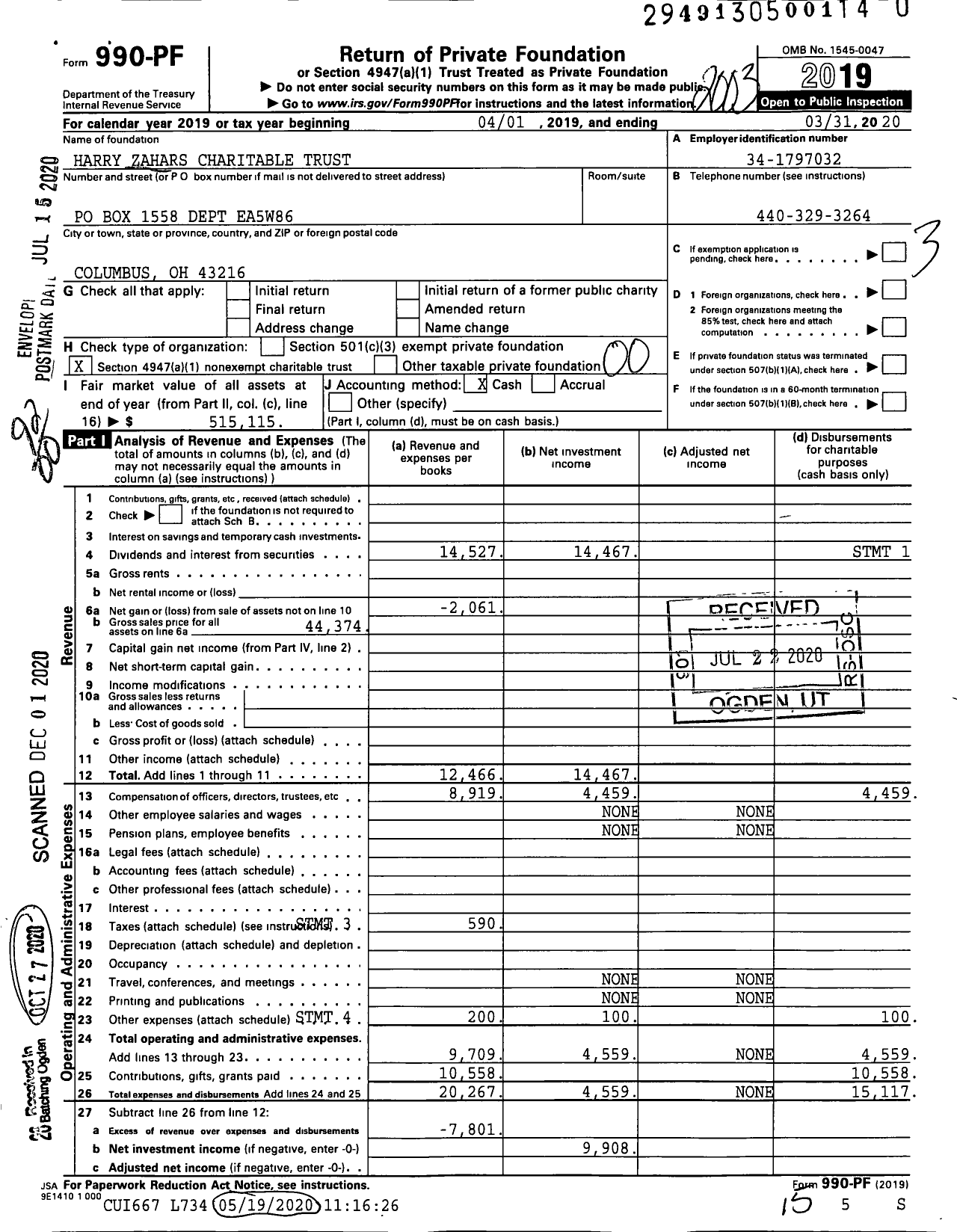 Image of first page of 2019 Form 990PF for Harry Zahars Charitable Trust