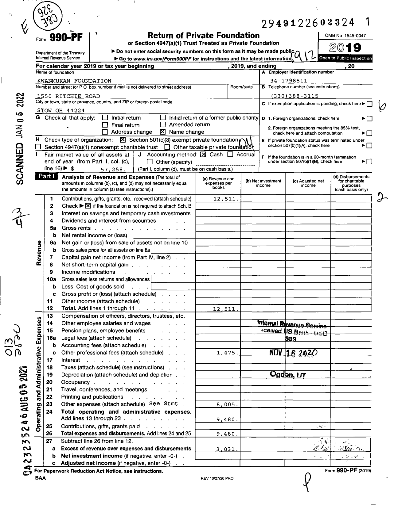 Image of first page of 2019 Form 990PF for Kwanmukan Foundation