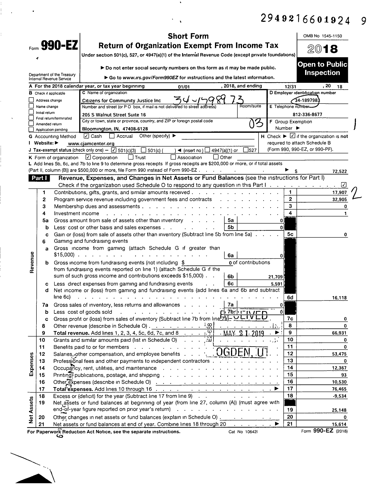 Image of first page of 2018 Form 990EZ for Community Justice and Mediation Center