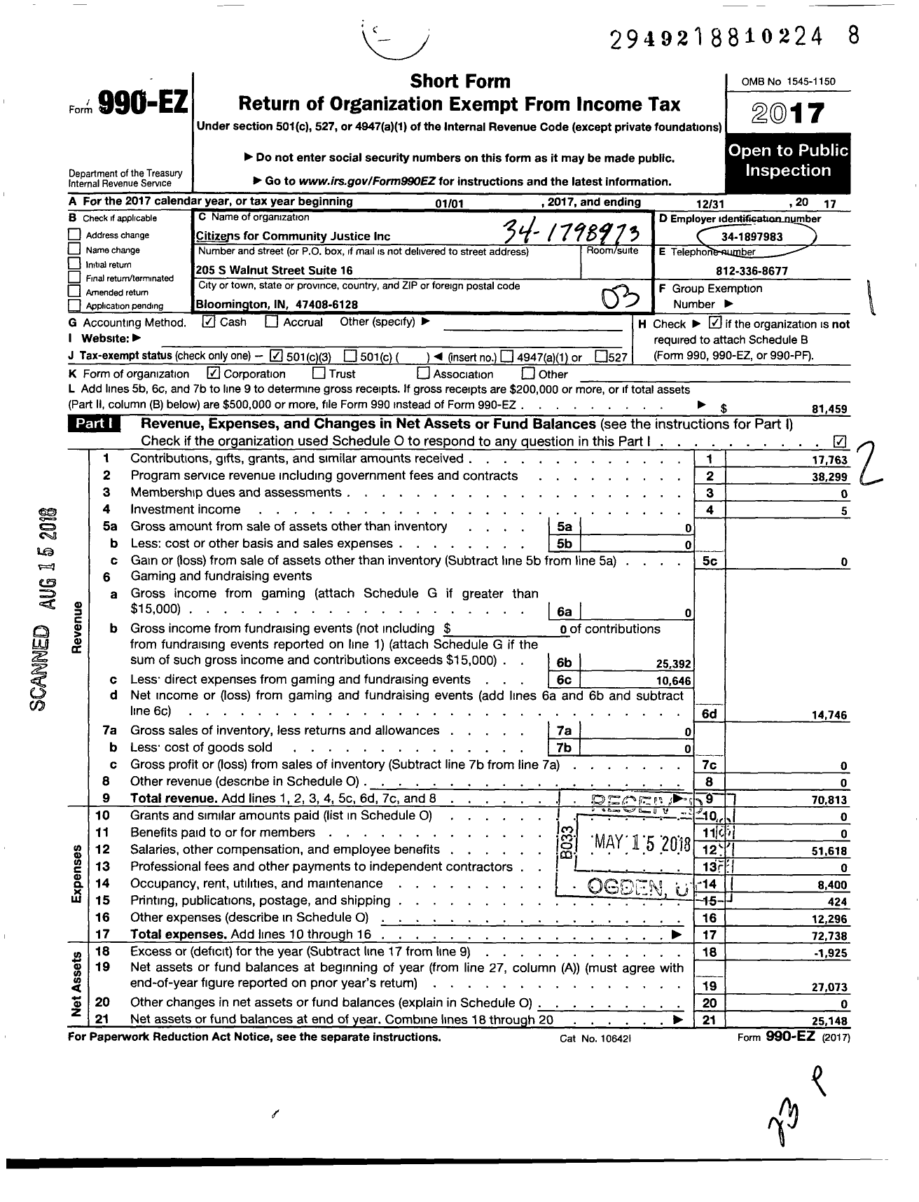 Image of first page of 2017 Form 990EZ for Community Justice and Mediation Center