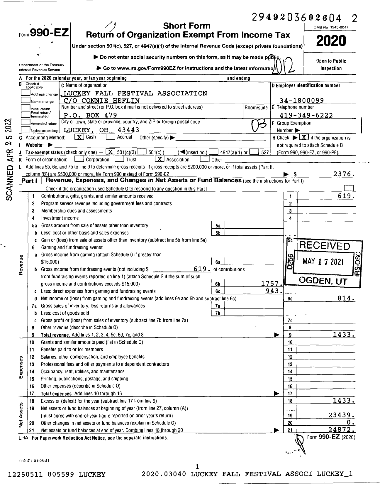 Image of first page of 2020 Form 990EZ for Luckey Fall Festival Association