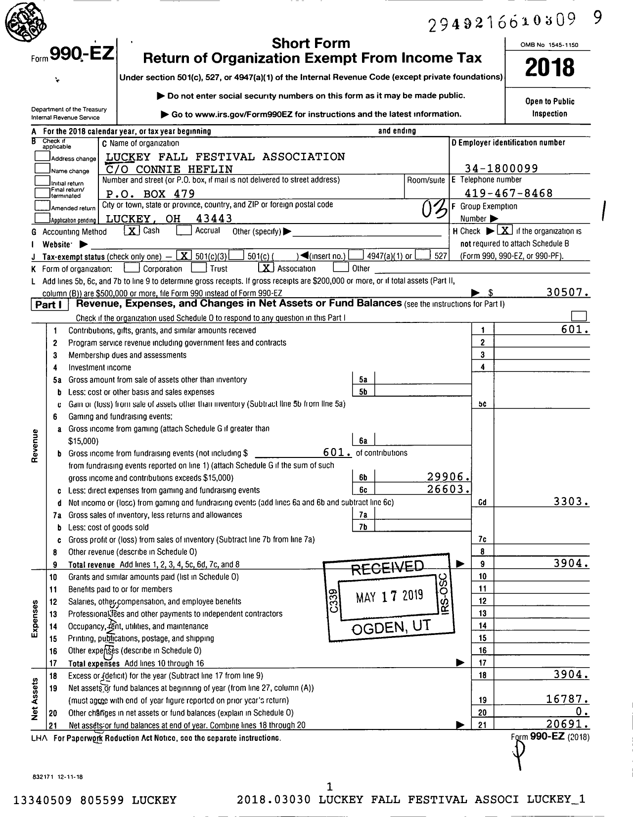 Image of first page of 2018 Form 990EZ for Luckey Fall Festival Association