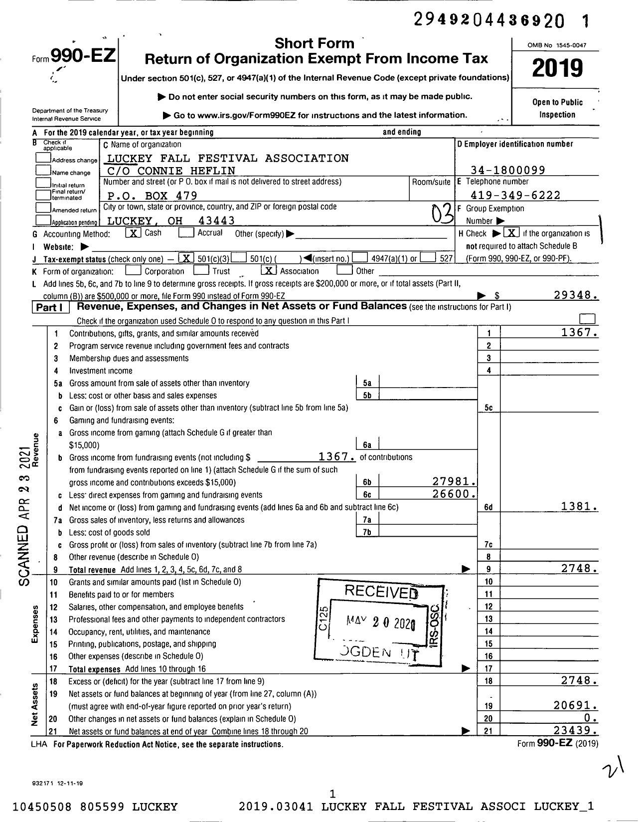 Image of first page of 2019 Form 990EZ for Luckey Fall Festival Association