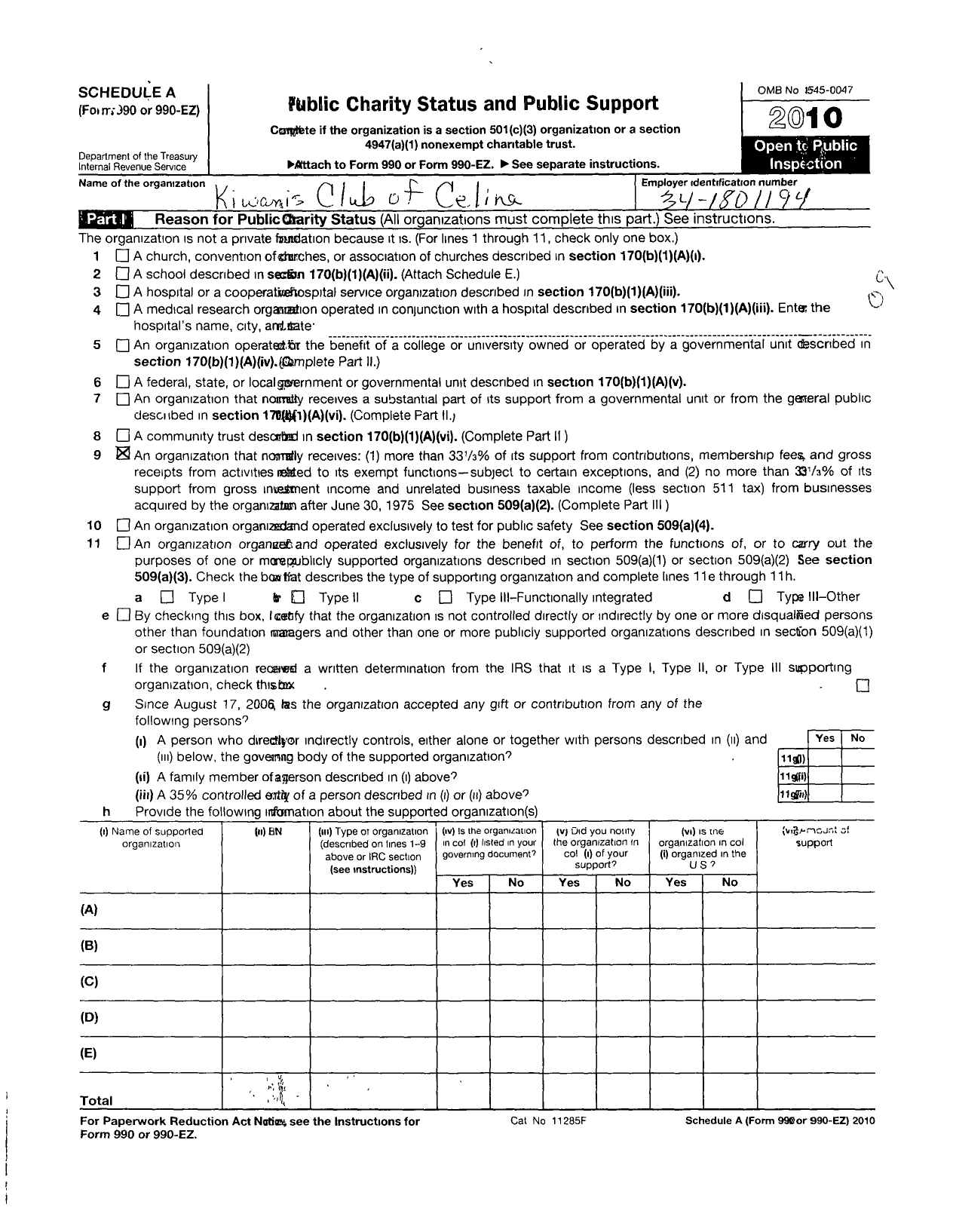 Image of first page of 2009 Form 990ER for Kiwanis Club of Celina