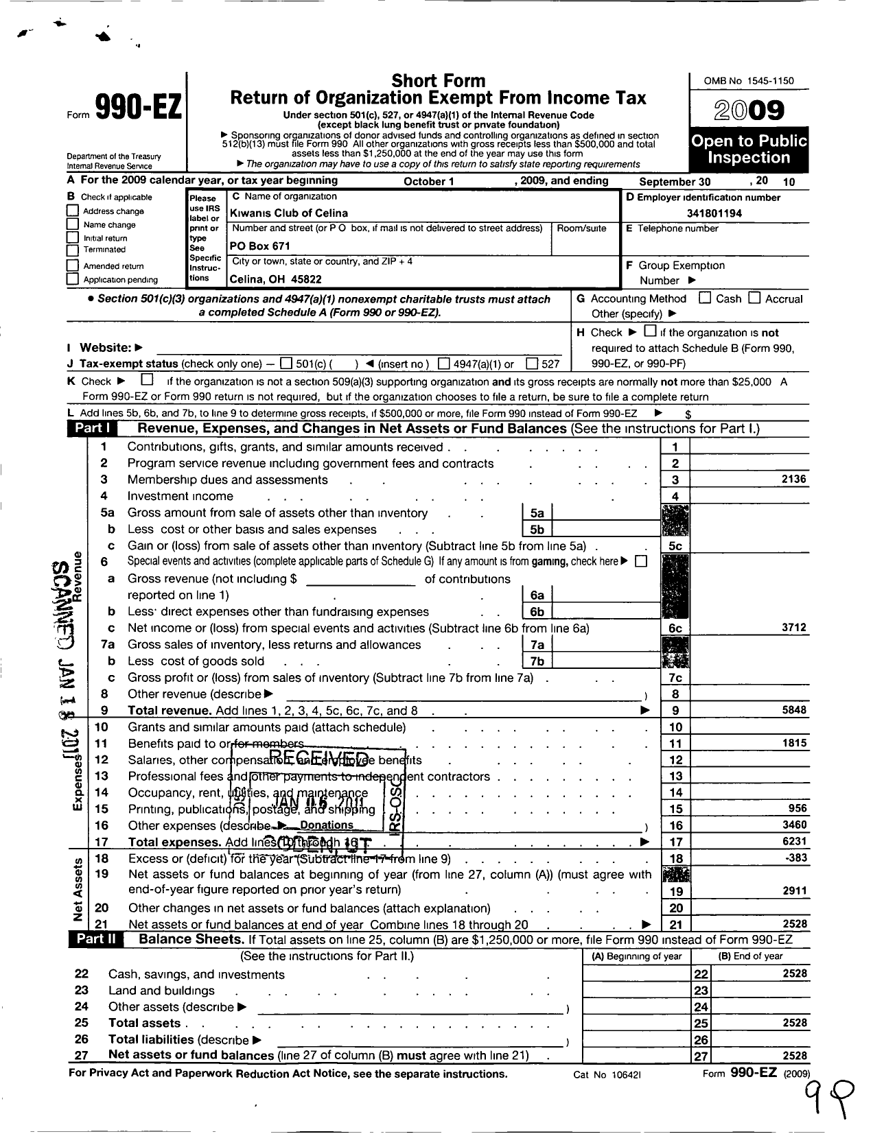 Image of first page of 2009 Form 990EO for Kiwanis Club of Celina